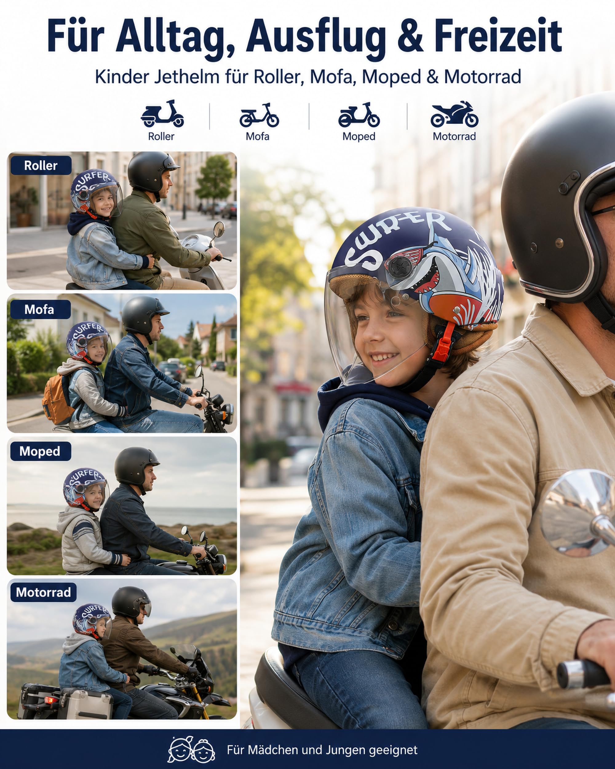 FREEUP Kinder Motorradhelm Roller Helm jethelm mit Sonnenblende, Mädchen Rollerhelm Junge Mofa helm, Schnellverschluss tasche, 48-55cm, für 5 Jahre - 12 Jahre Kid
