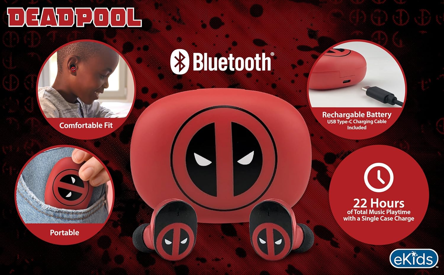 eKids Marvel Deadpool Wireless Earbuds with Microphone, Bluetooth Earbuds with Charging Case for Ear Buds - Image 2