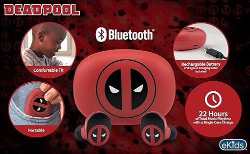 Miniatura 2 de eKids Marvel Deadpool - Auriculares inalámbricos con micrófono, auriculares Bluetooth con estuche de carga para auriculares