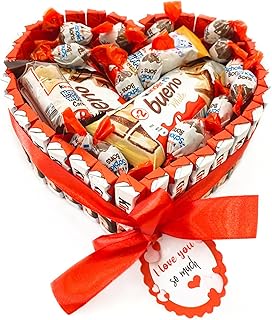 Onza Kinder Bueno Hamper - Kinder Gift Chocolate Bouquet with Kinder Schoko Bons, Kinder Chocolate Bars, Happy Hippo, and More - Heart Shaped Chocolate Box - Christmas Chocolate Gifts for Women