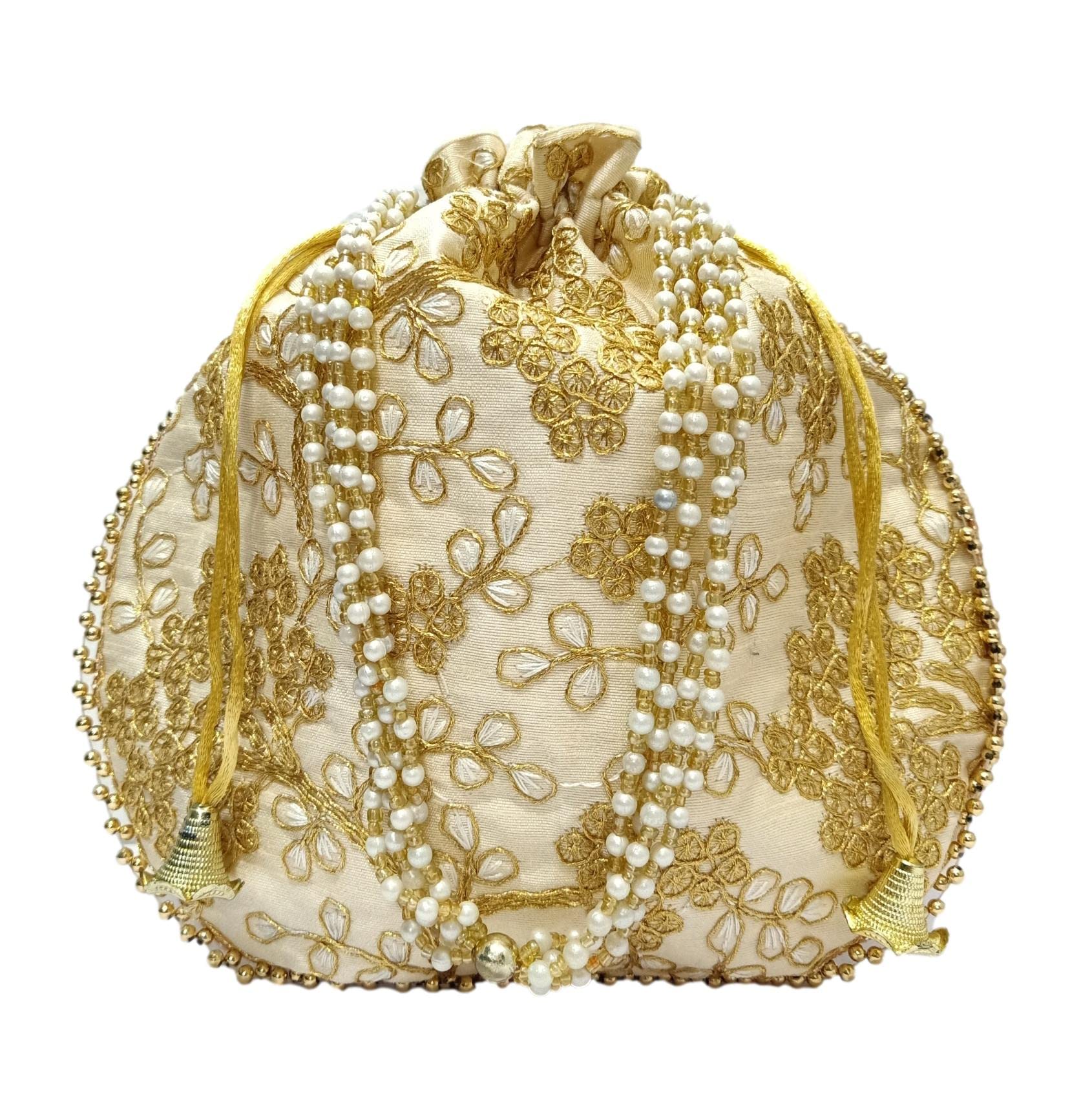 Cream Golden fabric Potli wedding potli for ladies for women handbags traditional Indian Wristlet with Drawstring Ethnic Embroidery-image-25