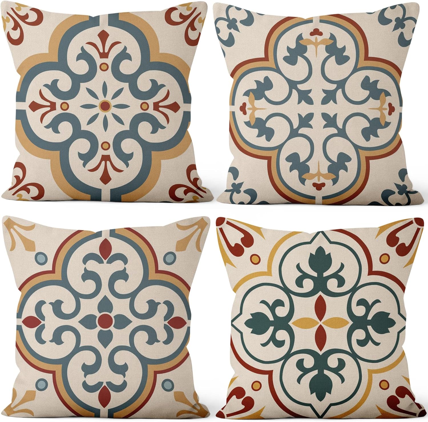 Yeele 20x20inches Boho Decorative Pillow Covers Set of 4 Bohemian Vintage Exotic Retro Floral Mandala Throw Pillow Covers Linen Square Cushion Case for Sofa Couch Patio Furniture Outdoor Home Decors