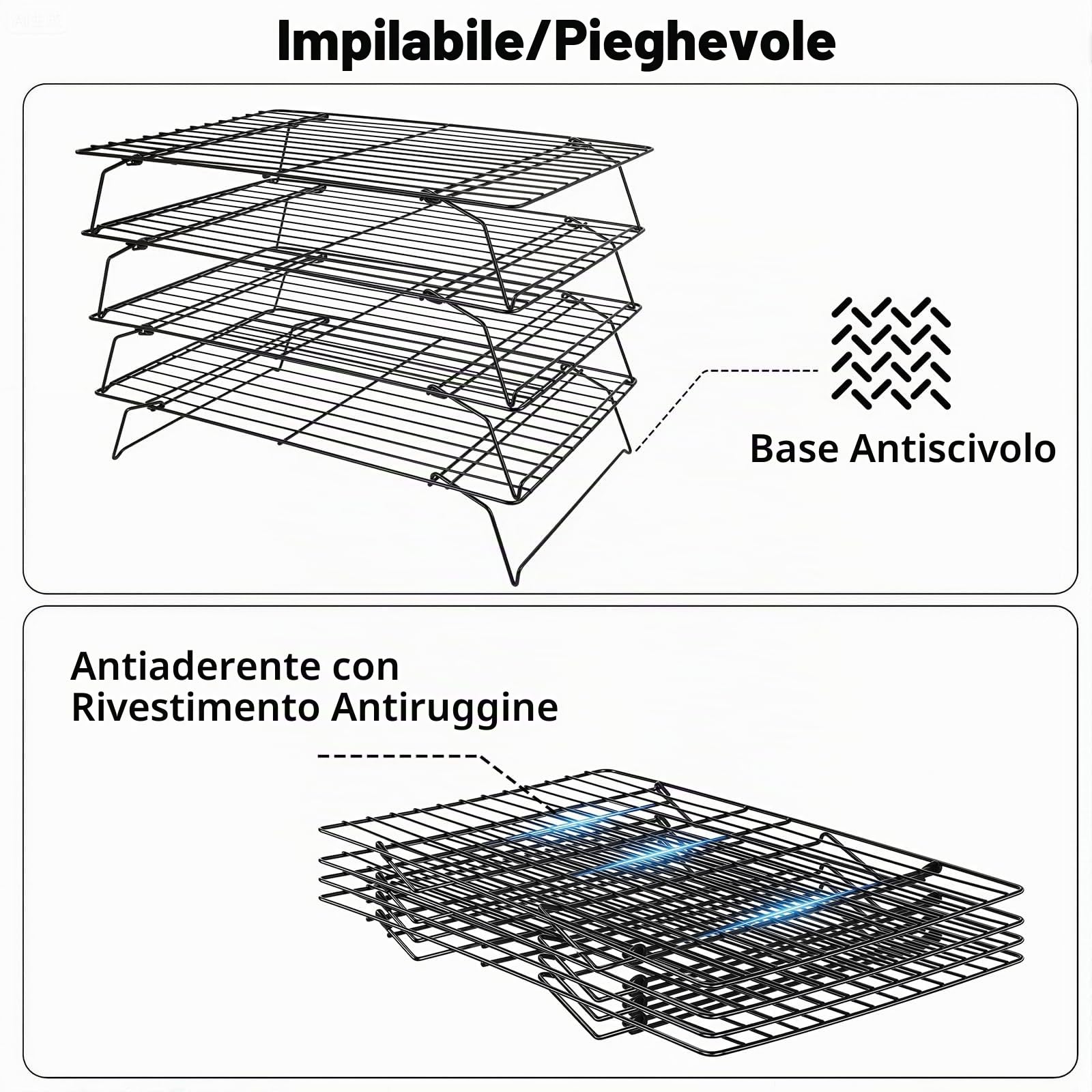 Griglia di raffreddamento a 4 ripiani, pieghevole e impilabile (40 x 25 cm), per biscotti, pane e torte, accessorio per la conservazione salvaspazio