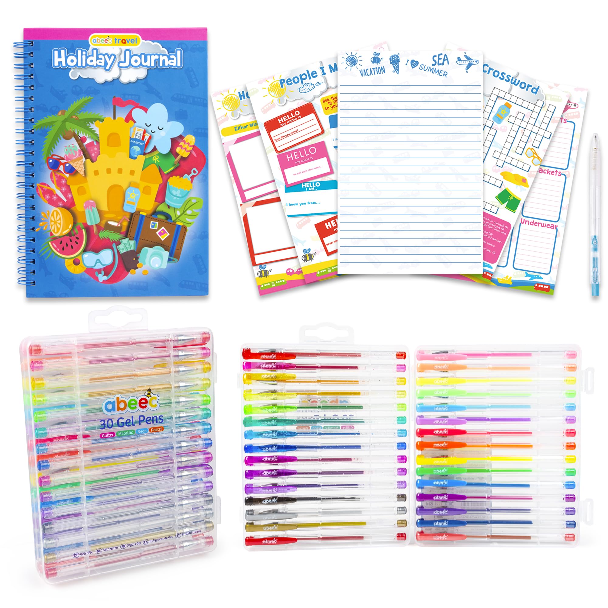 abeec 30 Gel Pens & Kids Holiday Journal Set – Includes Glitter, Neon, Metallic & Pastel Pens with Travel Activity Journal – Perfect for Kids' Creative Fun and Travel