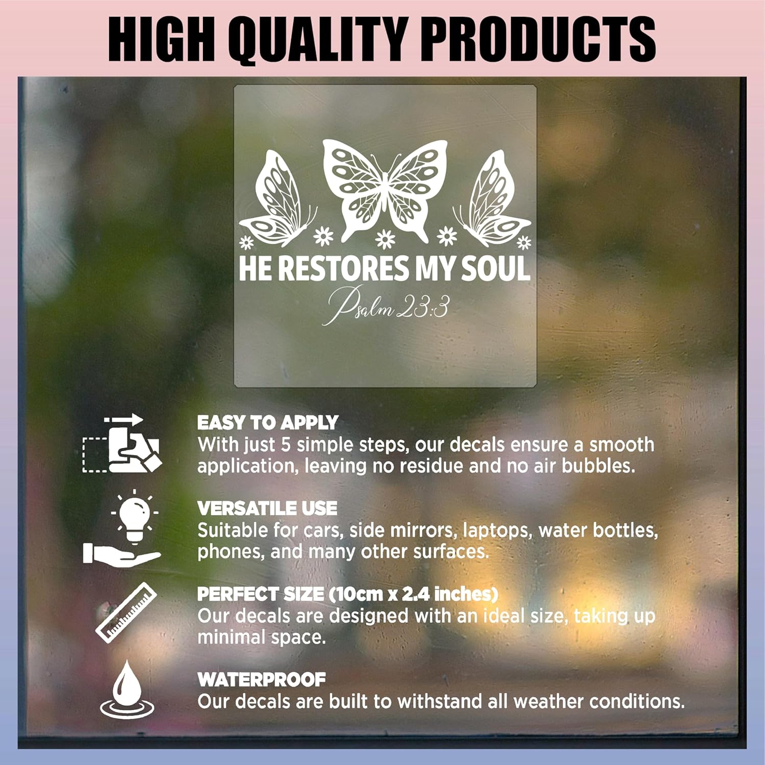 JANES He Restores My Soul Psalm 23:3 Decal, UV DTF Transfer Car Decal, Butterfy Scripture Car Window Stickers, Aesthetic Bible Car Decals for Christian, Religious Car Decals for Trucks - Image 5