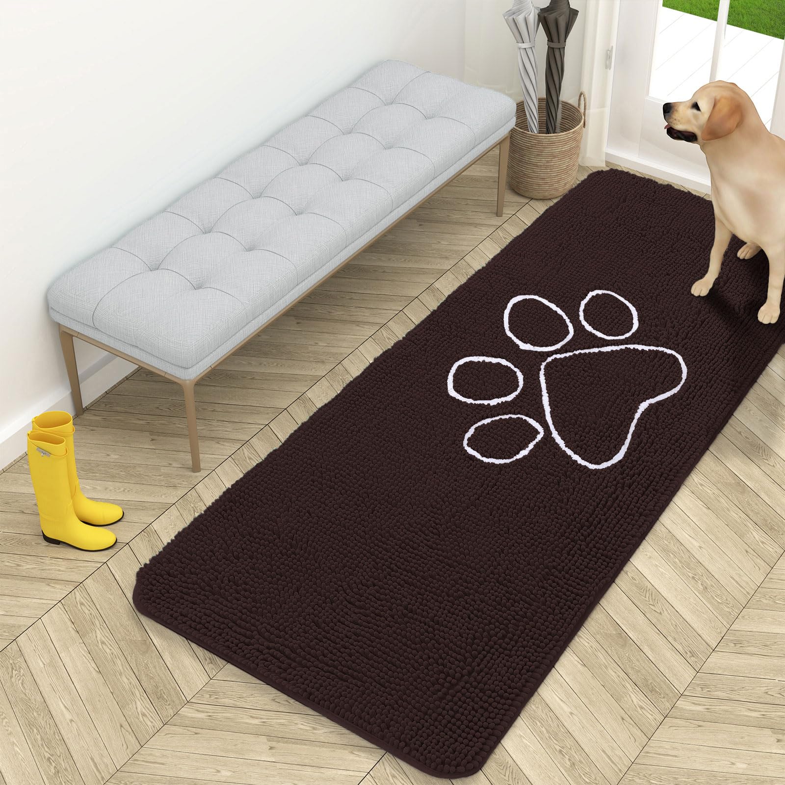 OLANLY Door Mat for Muddy Dog Paws 59x24, Ultra Absorbent Chenille Mud Doormat with Paw Print Design, Non-Slip Washable Doormat for Indoor Entryway, Quick-Dry Pet Bed Mats for Dirty Dogs, Brown — image 1