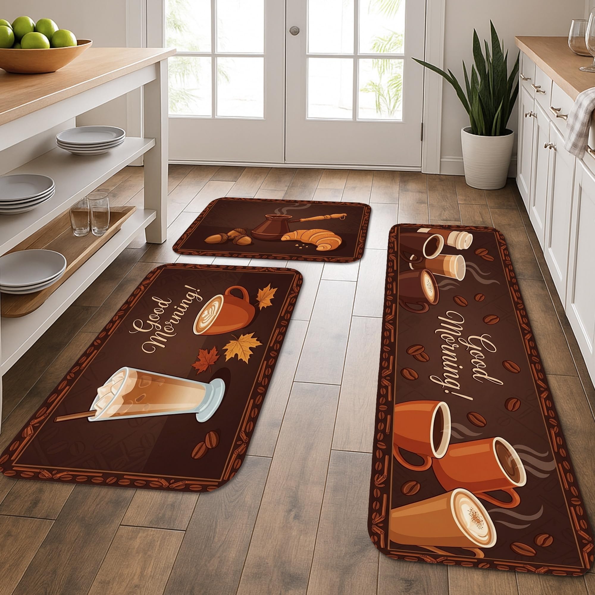 Tapis de cuisine motif feuille d'automne lot de 3 lavables marron