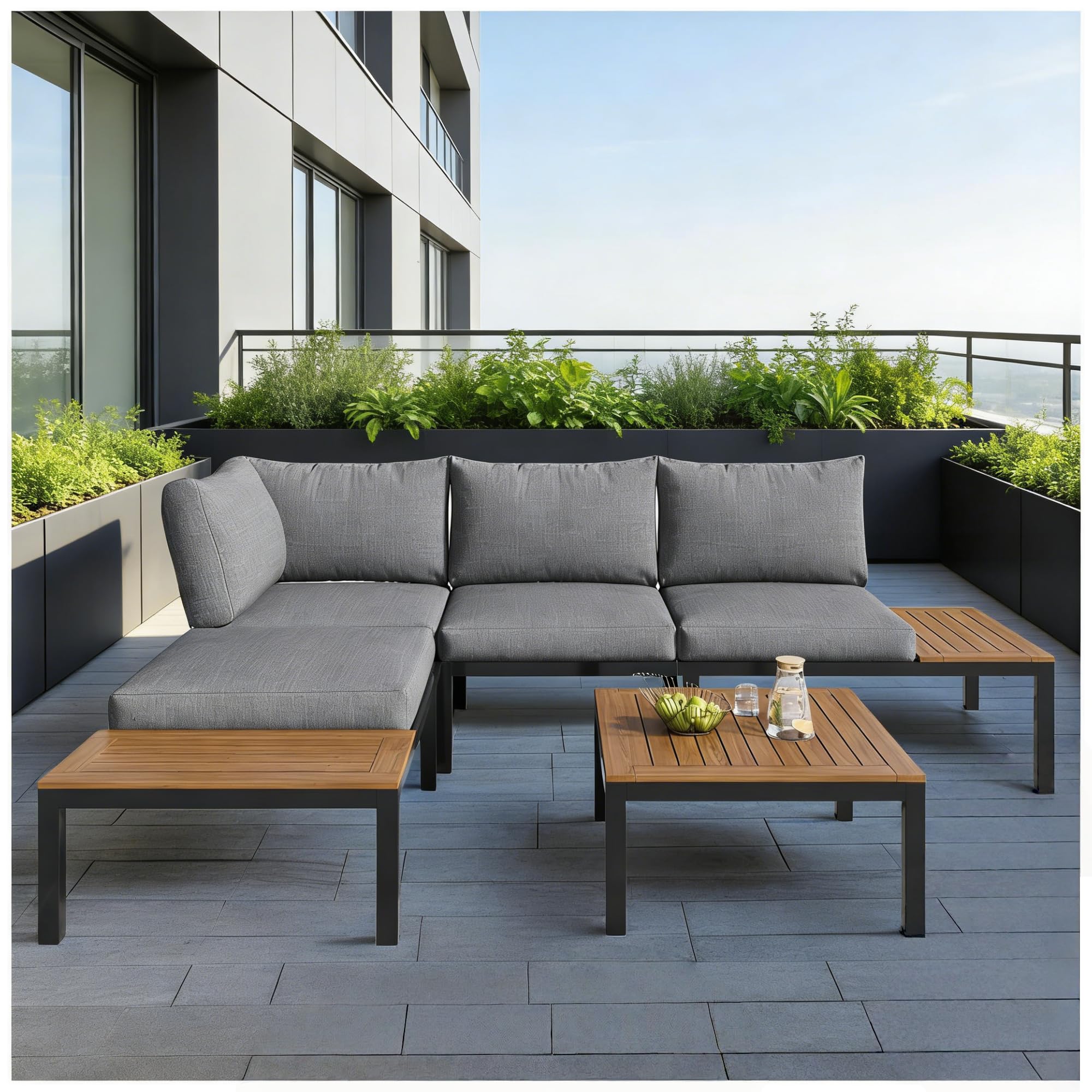 Juego de salón de jardín de 4 plazas, sofá cama cómodo con cojines, 2 asientos dobles, 1 mesa + 2 mesas de madera de acacia, estructura de acero galvanizado resistente, impermeable, gris