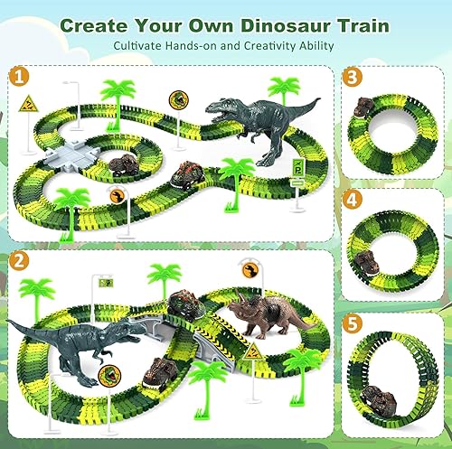 Miniatura 4 de Juguetes de dinosaurio para niños de 3 a 5 años, juego de pista de tren flexible que brilla en la oscuridad, 2 autos de dinosaurio para niños y