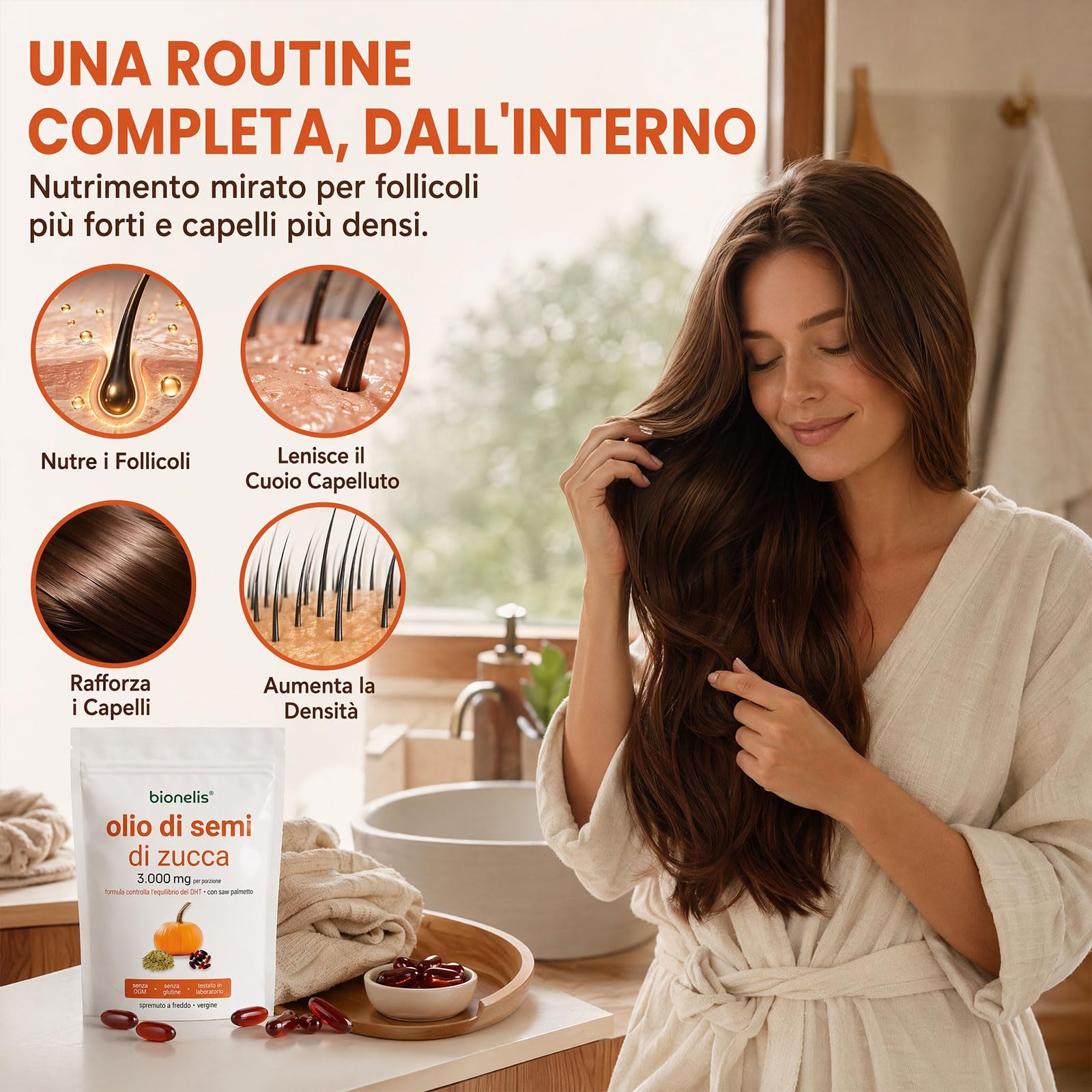 Bionelis Olio di Semi di Zucca e Saw Palmetto 3000mg, 2026 Olio di Semi di Zucca per Capelli, Vegano, Favorisce la Crescita dei Capelli, 180 Capsule Softgel (1 borsa)