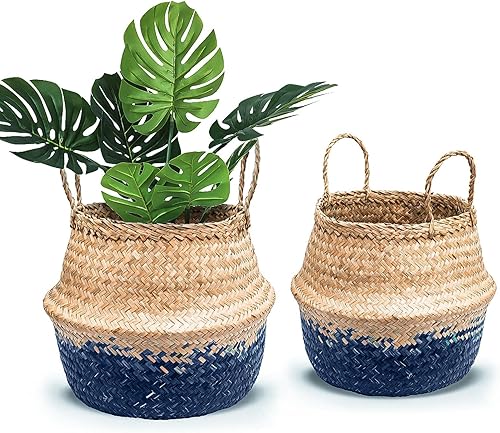 Miniatura 7 de Jolma's Cesta de hierba marina, 12.5 pulgadas tejida de mimbre para almacenamiento, picnic, lavandería, degradado azul índigo, pequeña