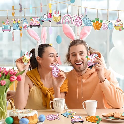 Miniatura 5 de 32 adornos de Pascua para árbol, decoración de madera de primavera pastel, huevo, gnomo, conejo, zanahoria, adornos para colgar, primavera, Pascua,