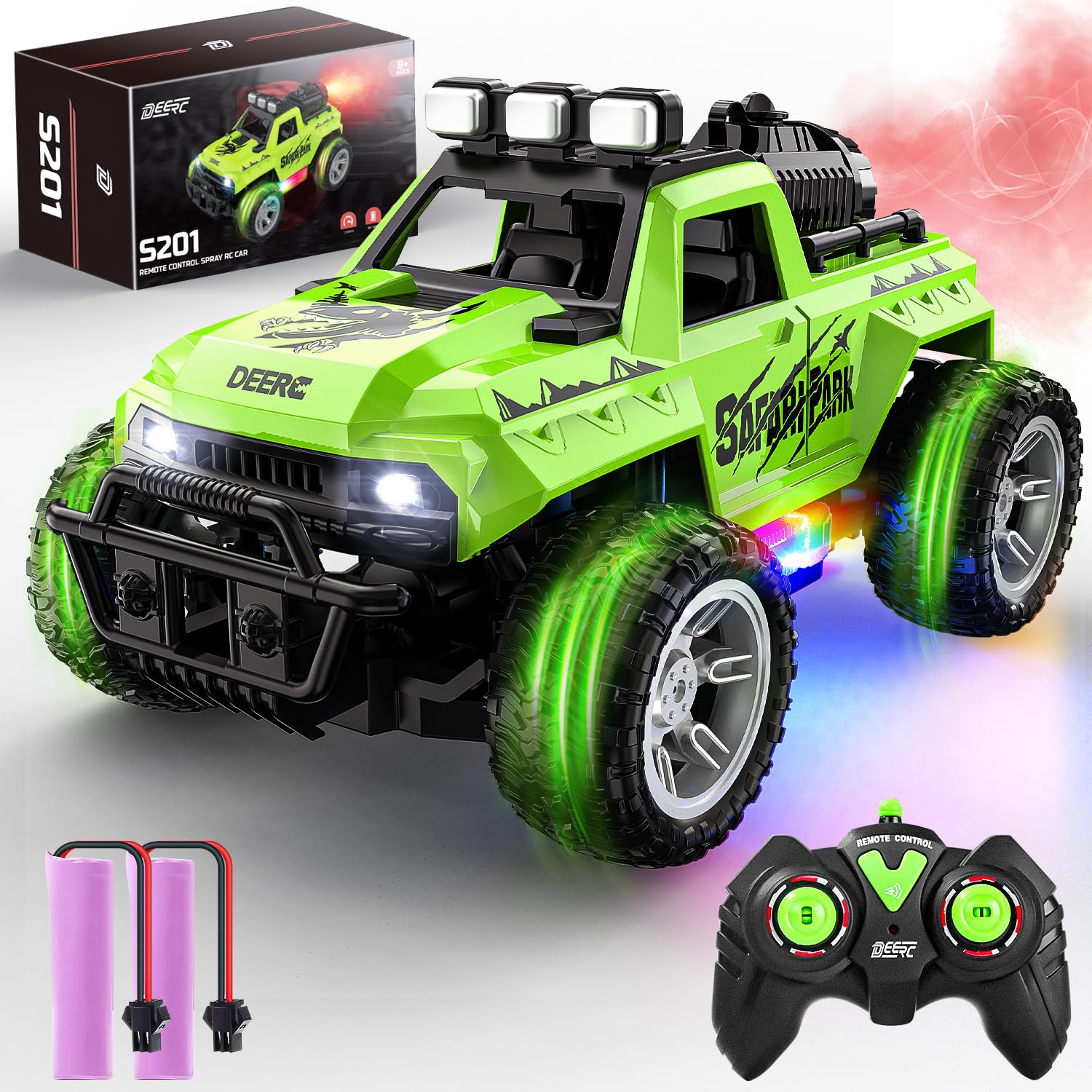 DEERC Remote Control Car with Fog Mist & LED Colorful Lights, 1:18 Scale RC Truck with 2 Batteries, 2.4Ghz Monster Truck for Boys, All Terrain Off-Road Race car, Educational Toy & Gift for Boys Girls