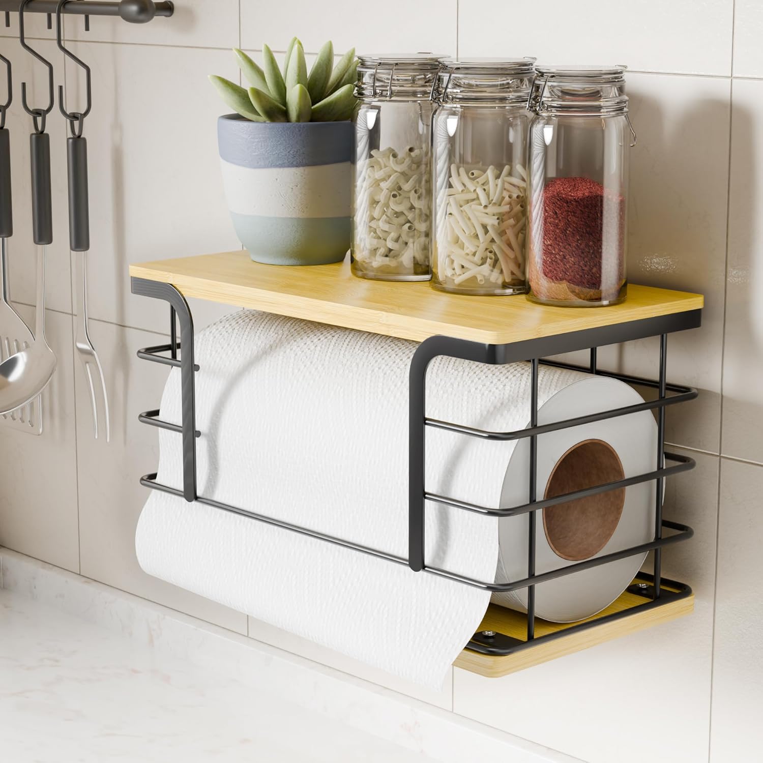 Paper Towel Holder with Shelf, Paper Towel Holder Wall Mount for Kitchen, Bathroom, RV, Farmhouse or Garage Storage, Adhesive or Drilling Installation, Straight-Opening Design, Black