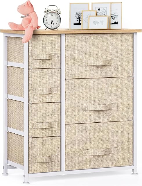 Pipishell Fabric Chest of Drawers, Dresser Storage with Wood Top and Large Space, Vertical 7 for Bedroom Living Room Nursery Hallway, Beige, PISC05, mid