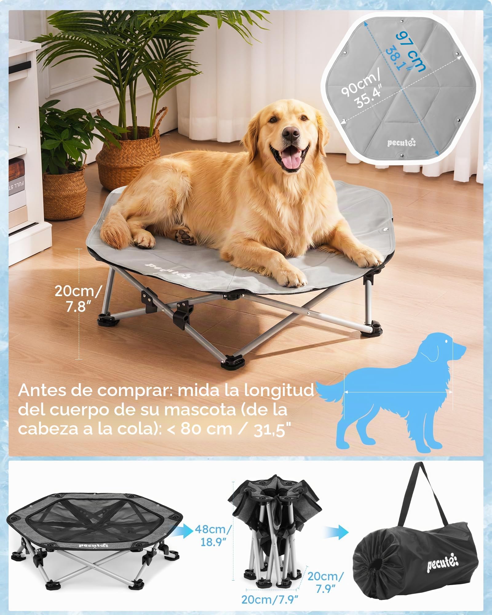 Pecute Cama Elevada para Perros Grande con Manta Refrescante, Sin Montaje, Apto para Gatos y Perros, Plegable para Interior y Camping, Tamaño XL, Soporta hasta 60kg, Gris
