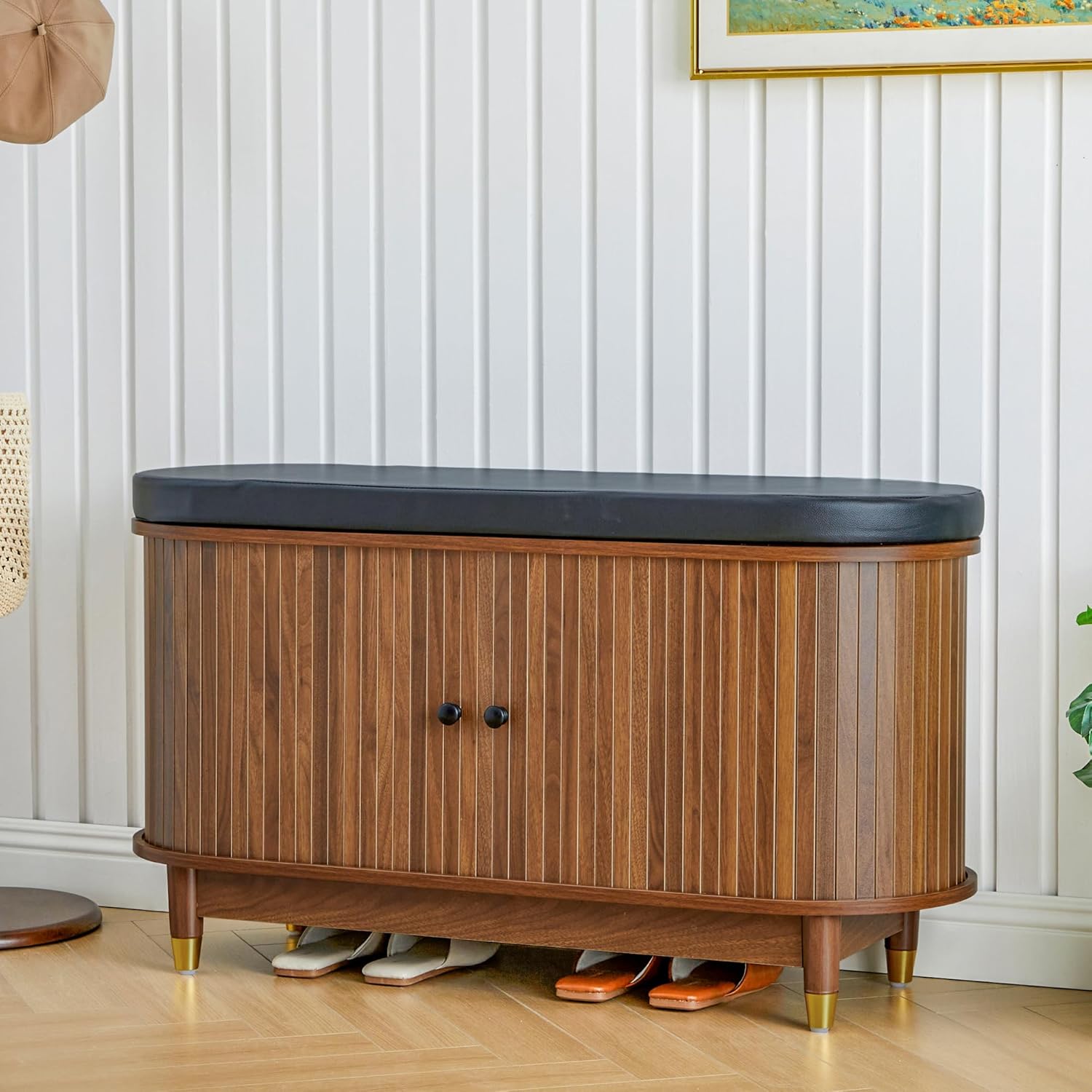 2-Tier Storage Shoe Bench with Padded Seat Cushion, 39.4" Sliding Shoe Bench with Adjustable Shelf for Entryway, Living Room, Bedroom