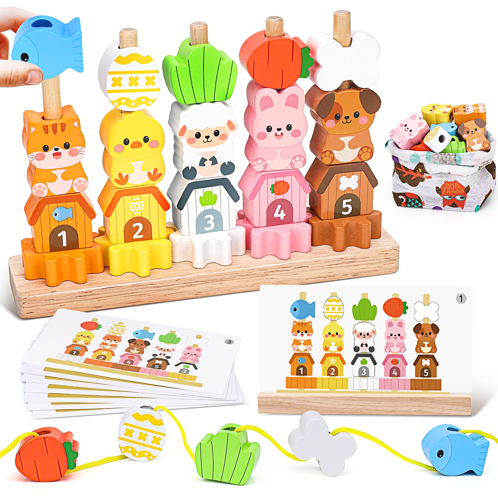 Montessori Wooden Stacking Toys for 2 3 4 Year Old Girls Boys: Threading Beads with 20 Colorful Blocks & 8 Pattern Cards Educational Toys for Toddlers 2-5 Gifts for 2 Year Old Girl Boy Birthday