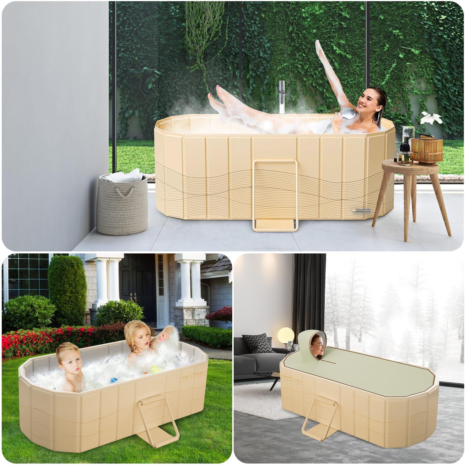 Baignoire pliante pour adulte avec couvercle, conception isolée portable, baignoire pliante profonde, comprend un coussin de siège et un tuyau de vidange de 1,5 mètre, couleur dorée.