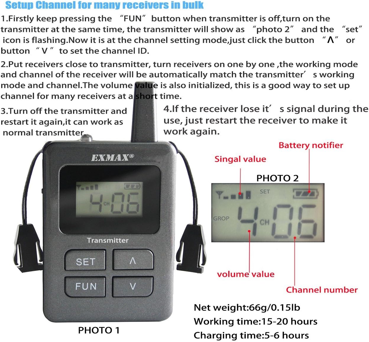EXMAX ELGT-470 UHF 100 Channels Wireless Audio Transmission Church Translation System Simultaneous Interpreting Equipment Microphone Assisted Listening for Teaching Travel (1 Transmitter & 1 Receiver)