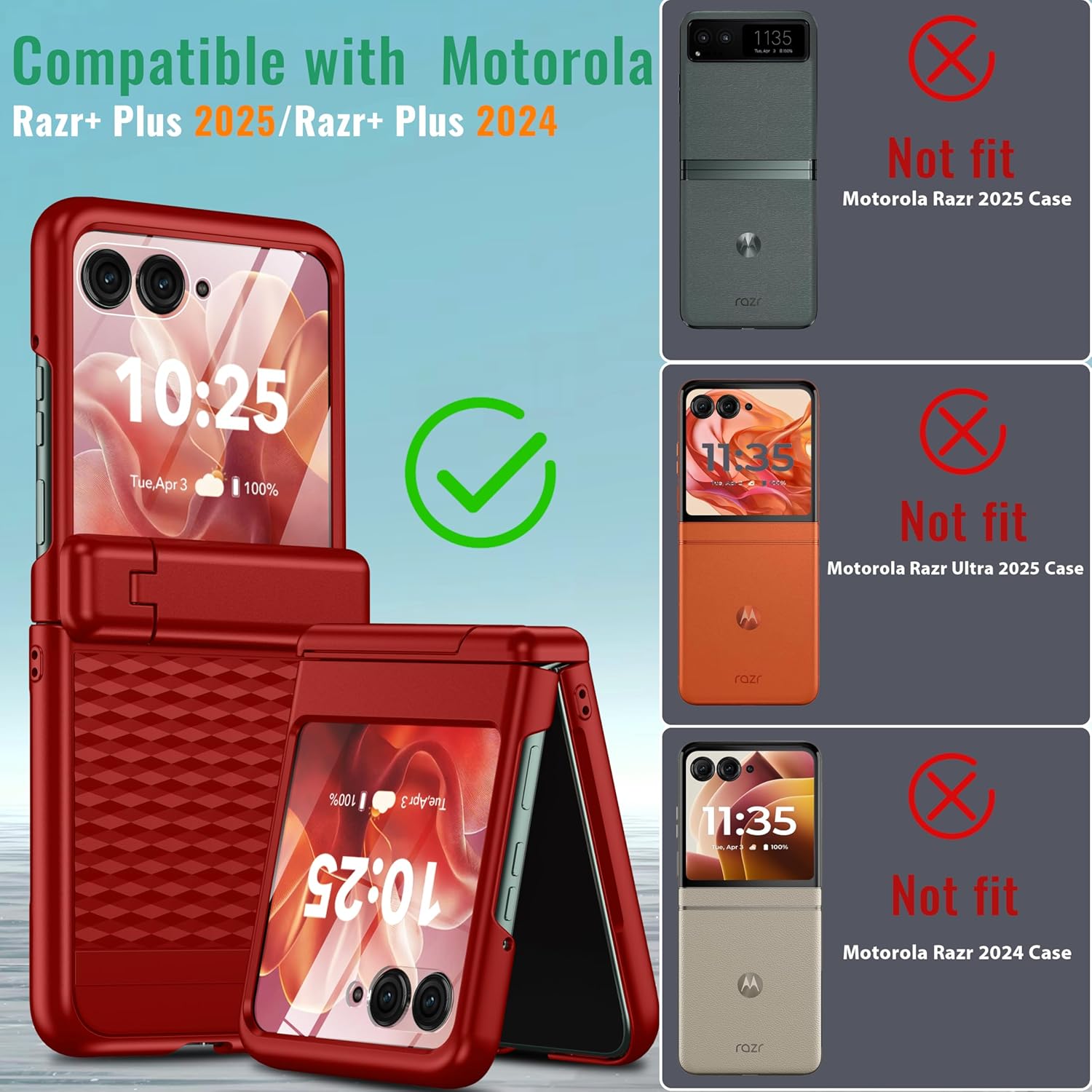Magnetic for Motorola Razr+ Plus 2025 Case/Moto Razr+Plus 2024 Case [Hinge Protection＆Kickstand] [Built-in Screen Protector] Shockproof Slim Rugged Phone Case for Razr+ 2025/2024,Red