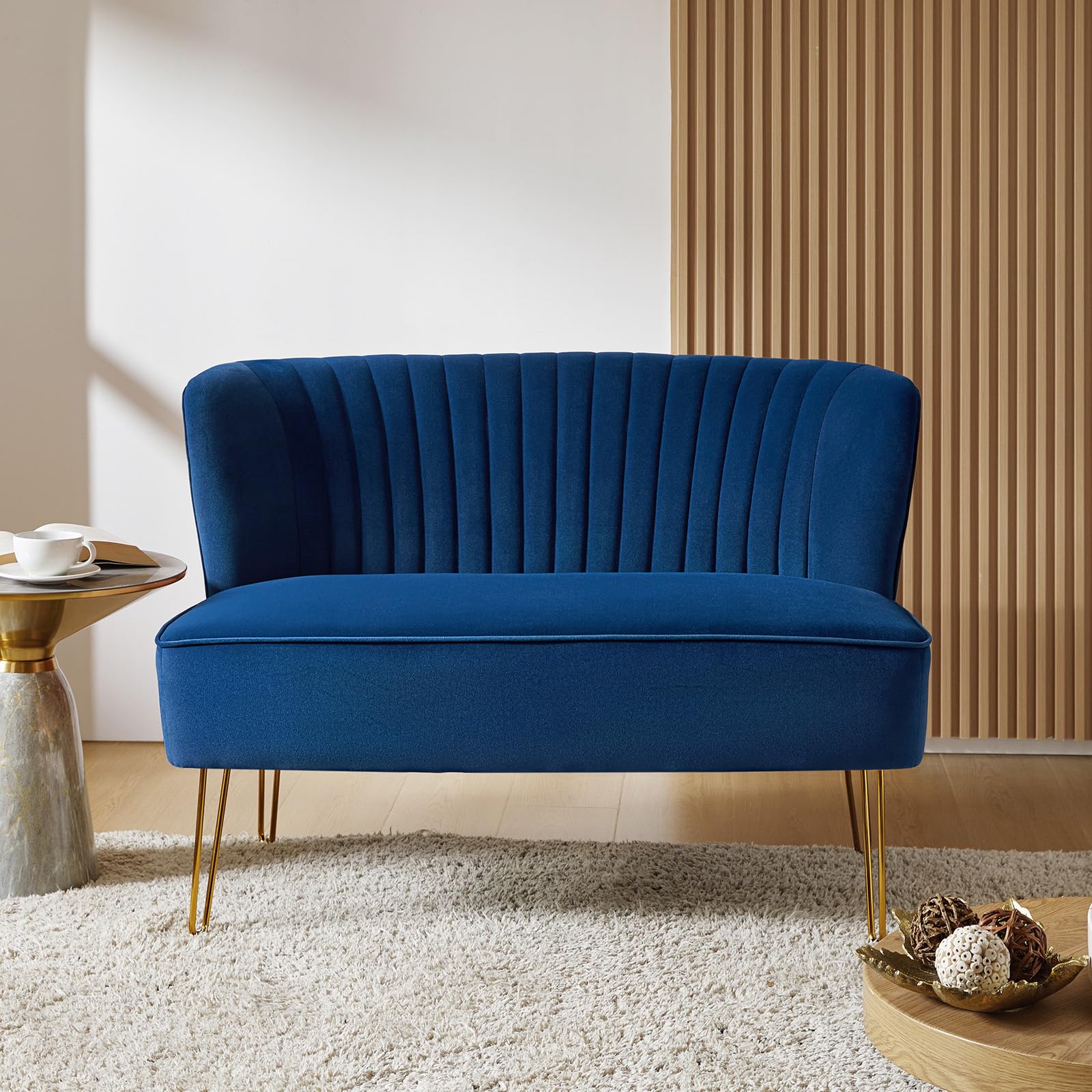 Sponsored Ad – HULALA HOME Velvet 2 Seater Sofa, Small Upholstered Loveseat Sofa, Modern 2 Seater Couch with Golden Metal Legs, for Living Room Club Apartment Small Spaces NAVY