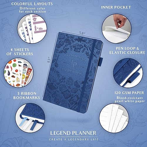 Vista 14 de Legend - Libro de recetas familiar en blanco para escribir tus propias recetas, diario de cocina vacío, cuaderno de cocina personalizado, tapa dura