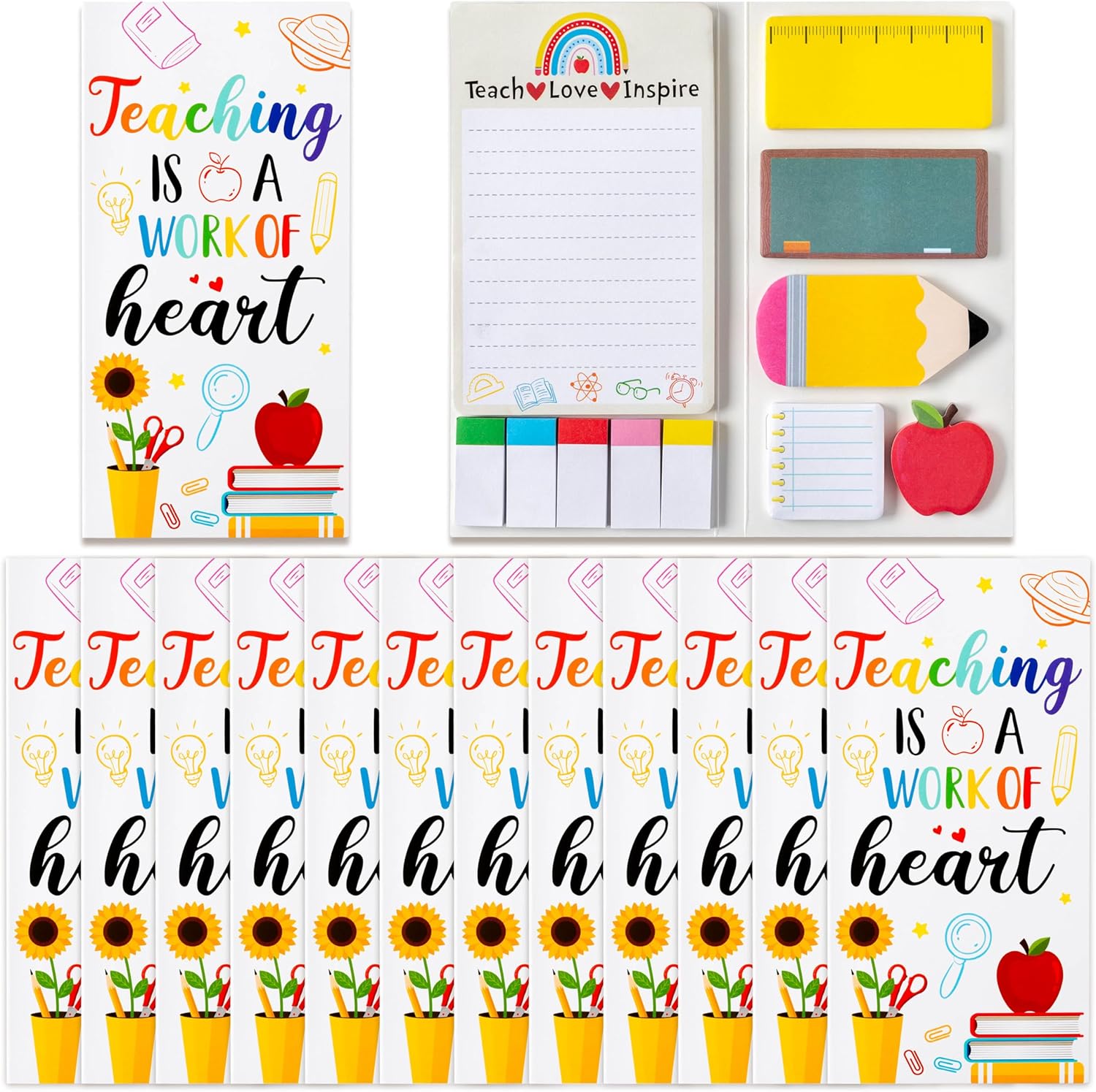 Xqumoi 12 Pack Teaching is A Work of Heart Sticky Notes Set - Ruler Blackboard Pencil Apple Shape Self-Stick Note Pads Teacher Appreciation Gift Writing Memo Pads Page Marker School Office Supplies