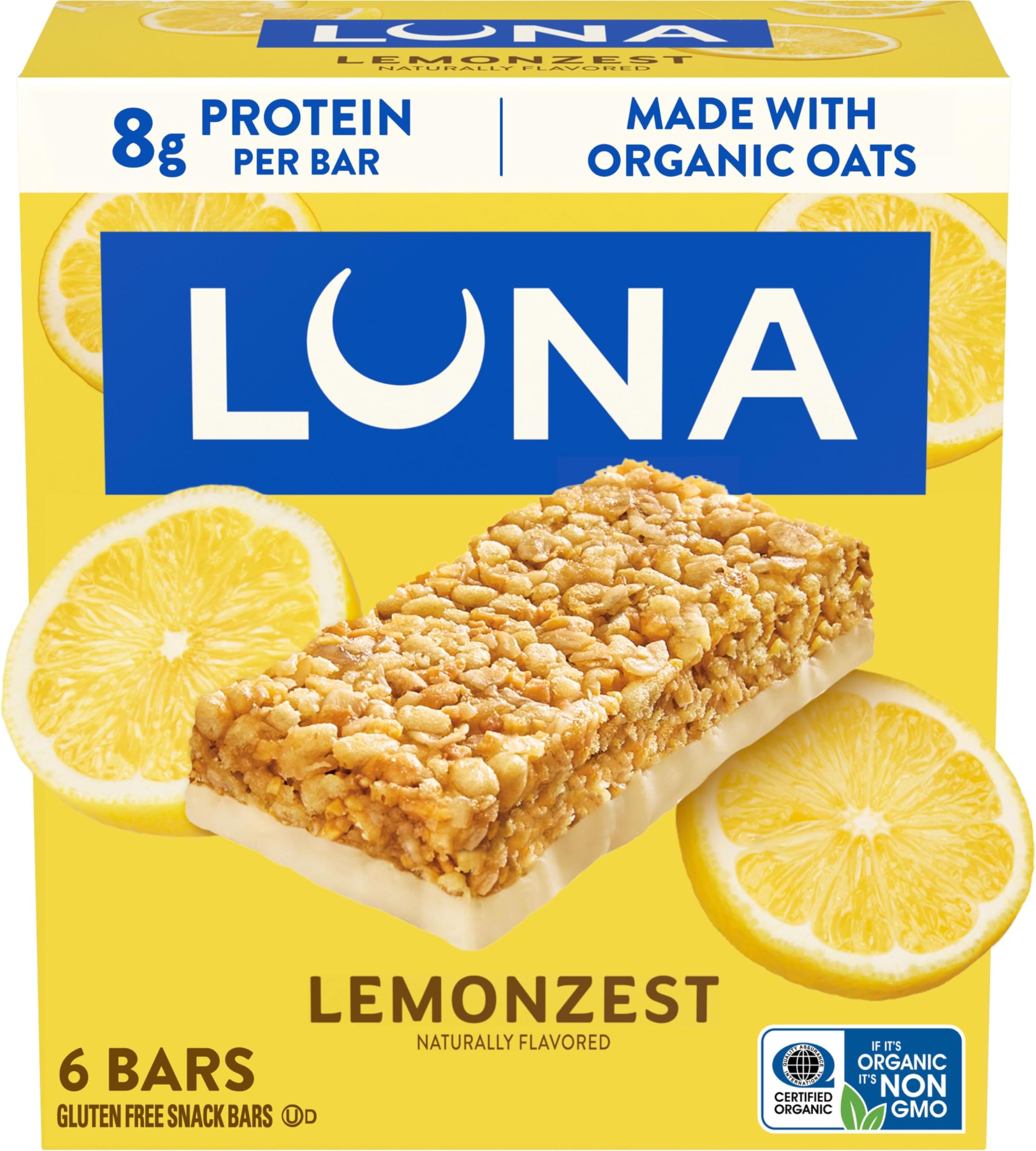 LemonZest Flavor - Gluten-Free - Non-GMO - 7-9g Protein - Made with Organic Oats - Low Glycemic - Whole Nutrition Snack Bars - 1.69 oz. (6 Pack)