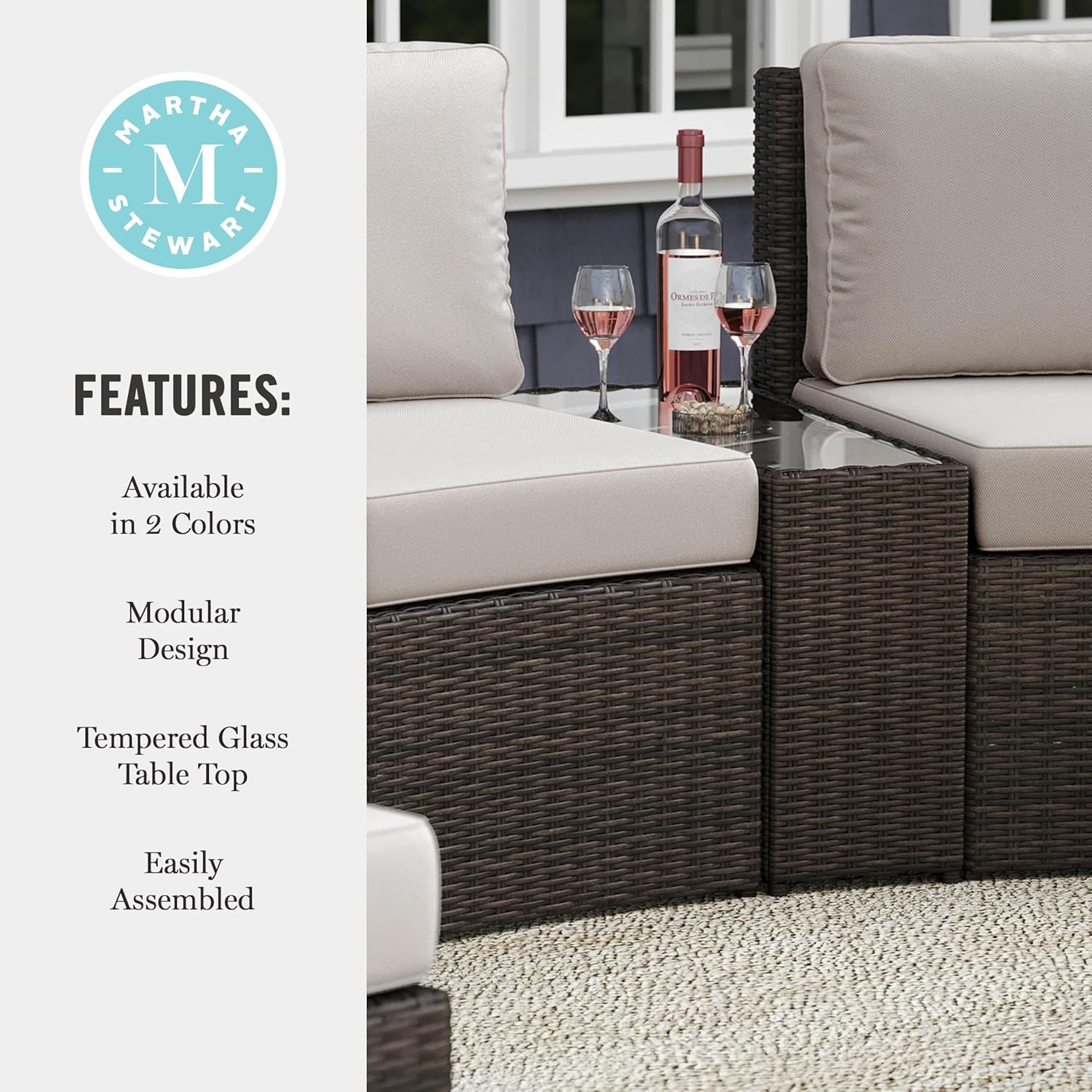 Martha Stewart Bedford Indoor-Outdoor Tapered Patio Side Table with Inset Tempered Glass Top and Rattan Wicker Finish in Brown