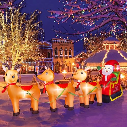 Inflables de Navidad de 12 pies de largo, decoraciones para exteriores, inflables de Papá Noel en trineo de renos, luces LED integradas, Inflables de Navidad de 12 pies de largo, decoraciones para exteriores, inflables de Papá Noel en trineo de renos, luces LED integradas,