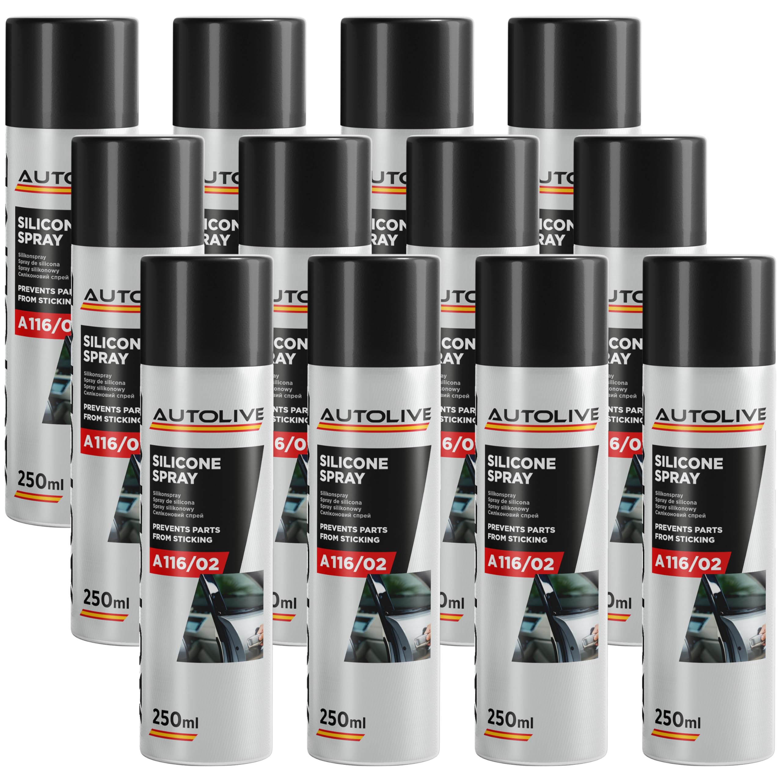Lubricante de Silicona en Spray - Pack de 12 - para Plástico, Caucho, Metal, Vidrio - Resiste -45ºC a +200ºC - 250ml
