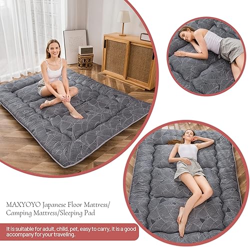 Miniatura 90 de MAXYOYO El mármol negro imprimió el futón japonés, la almohadilla de dormir espesa enrolla el colchón que acampa Mármol negro,Flor 1,floral azul