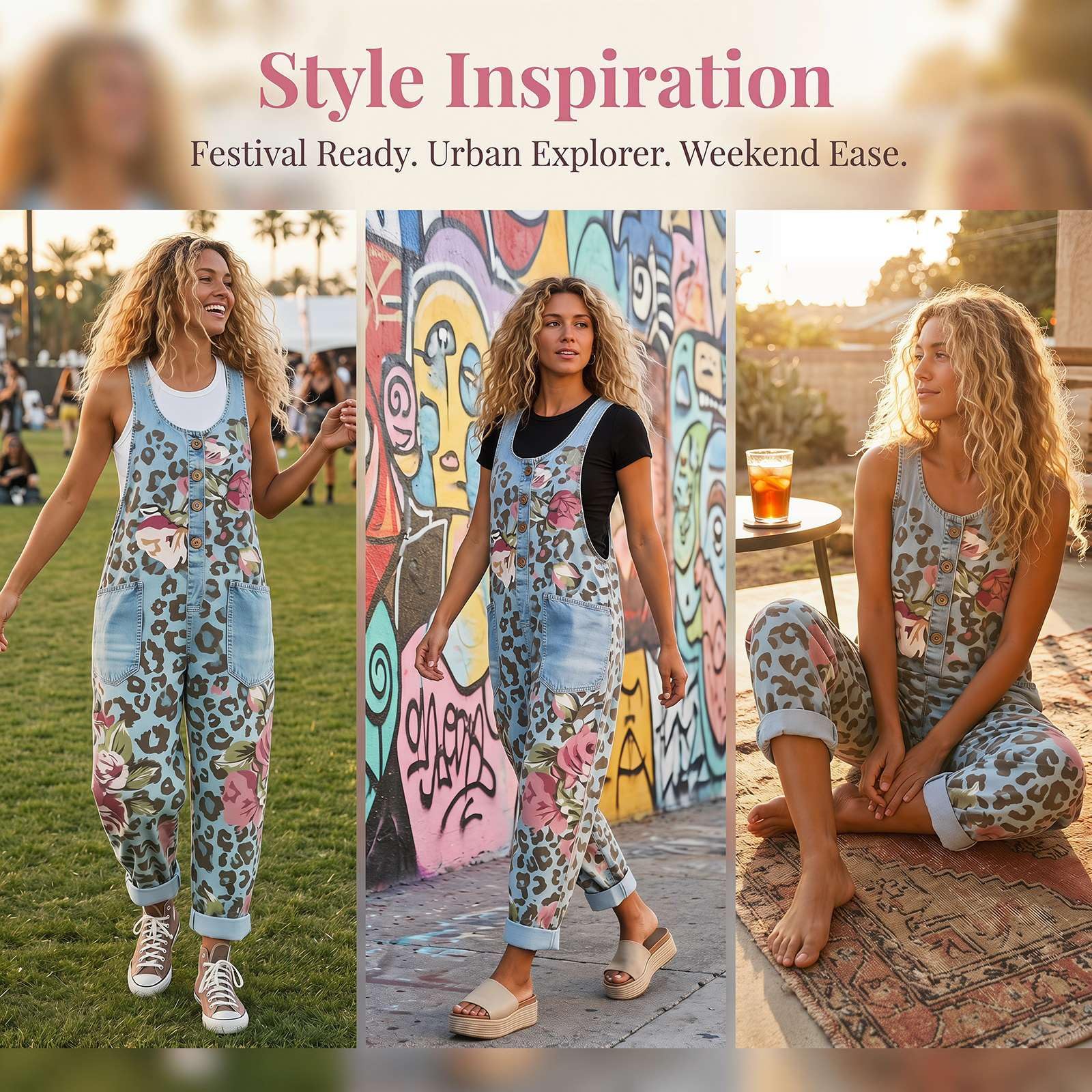 Generico Salopette da Donna Retrò Senza Maniche Effetto Denim a Gamba Larga Tuta Intera Elegante Curvy Casual con Taschen Jumpsuit Estiva Comoda Pantaloni Larghi Taglie Forti Mare Boho Chic