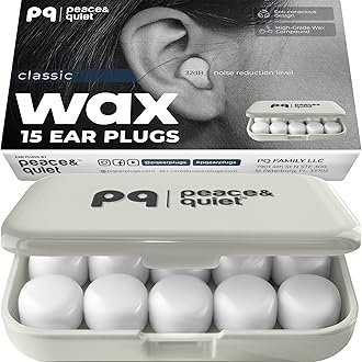 Peace&Quiet PQ Wax Ear Plugs for Sleeping, Swimming - 15 Soft Noise Cancelling Silicone Gel Wax Earplugs for Sleep and Swimmers, Ear Protection with Sound Blocking Level of 32 Db, (15-Pillows)