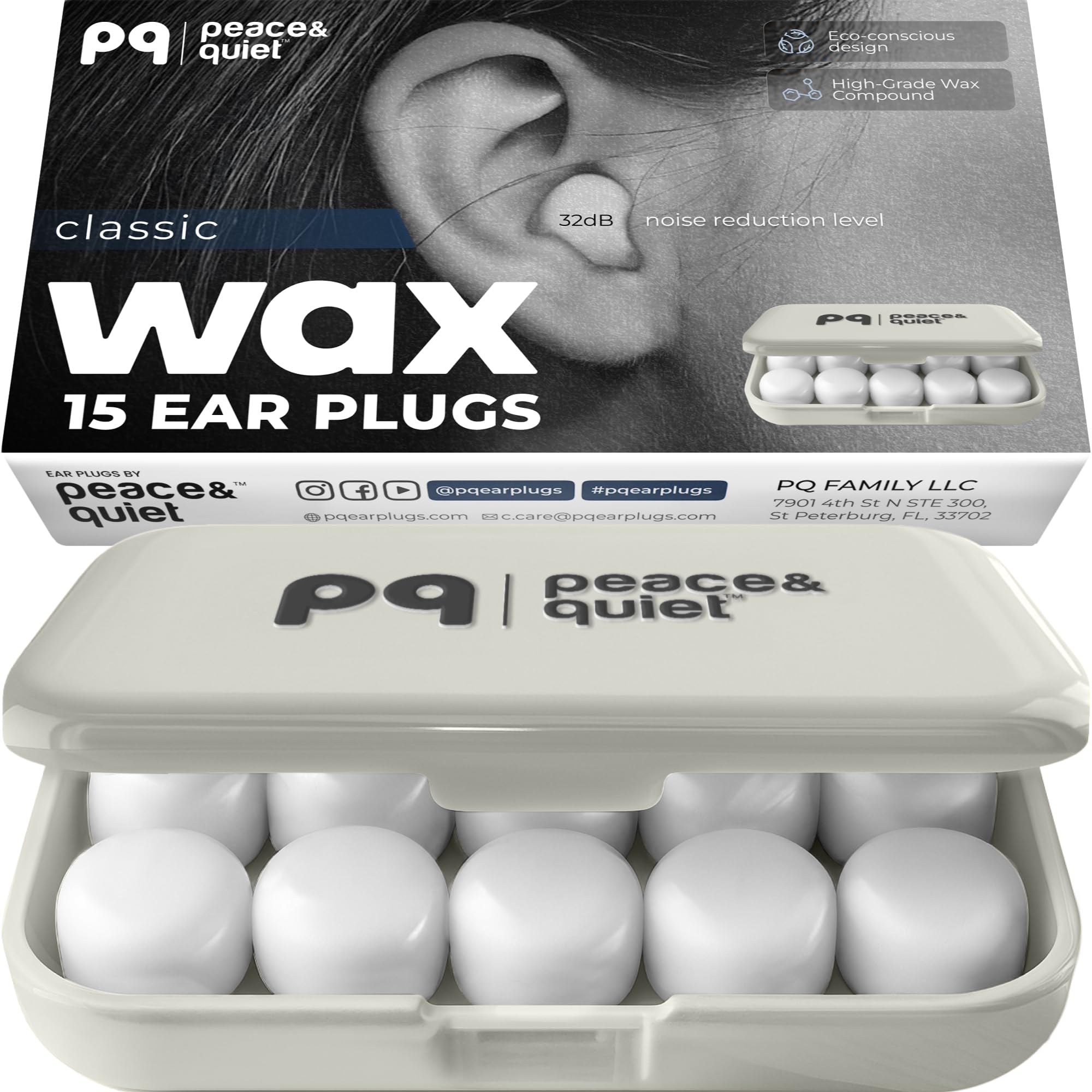 Peace&Quiet PQ Wax Ear Plugs for Sleeping, Swimming - 15 Soft Noise Cancelling Silicone Gel Wax Earplugs for Sleep and Swimmers, Ear Protection with Sound Blocking Level of 32 Db, (15-Pillows)