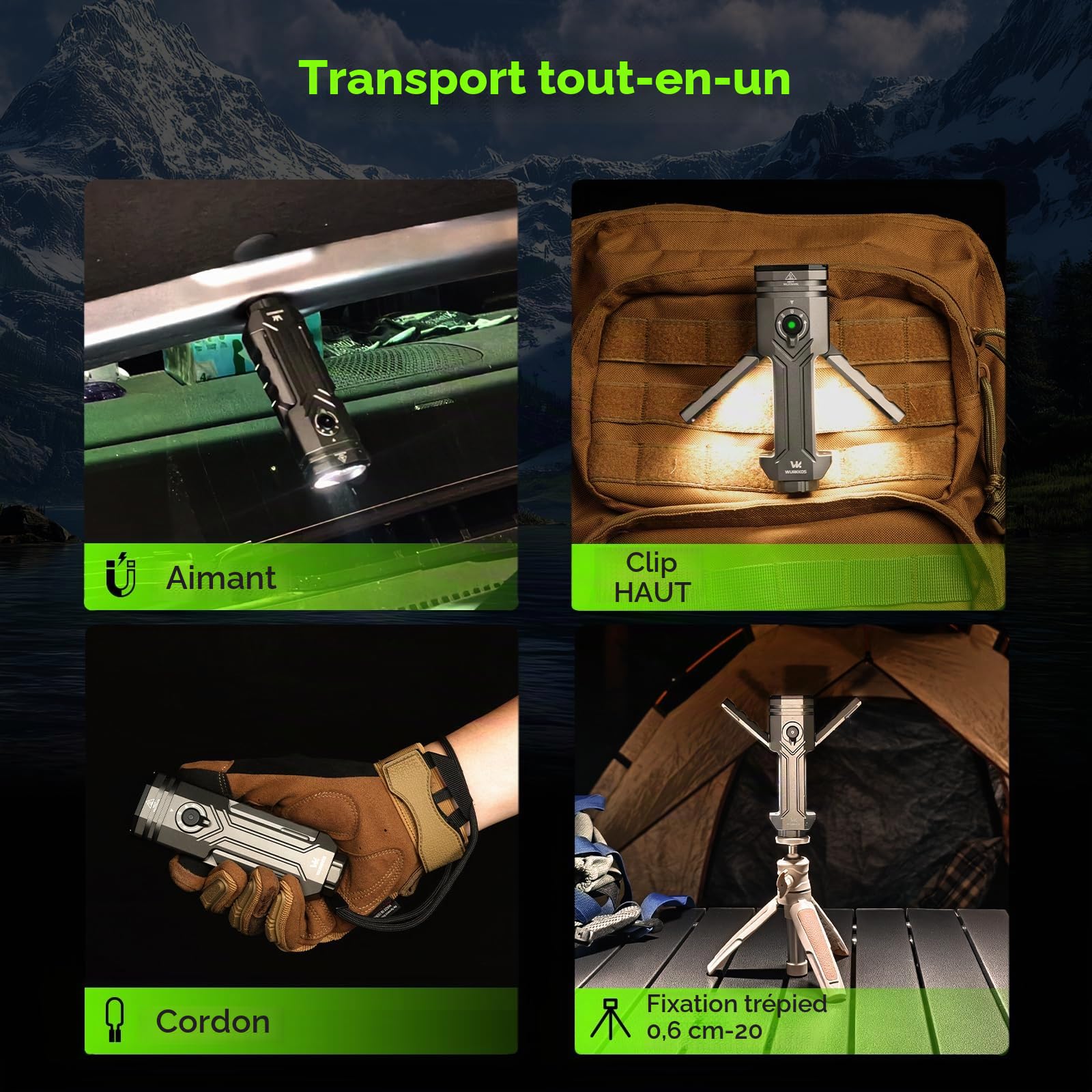 Wurkkos HD02 Lampe de poche 3200lm 4-en-1, USB-C, IPX6, EDC | Lumière UV 365nm et verte, panneaux pliables, batterie 5000mAh, base magnétique, idéale pour le camping et le bricolage
