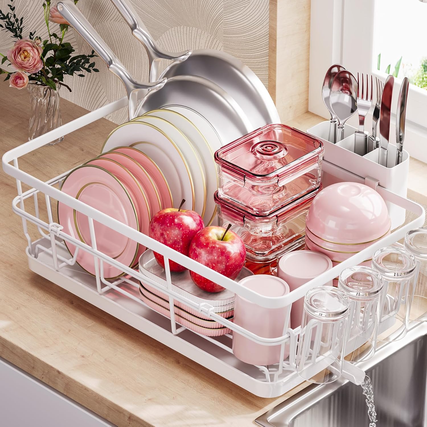Dish Drying Rack for Kitchen Counter, Kitchen Dish Rack, Large Sink Dish Drainer Dryer Rack Small Space, Kitchen Dishes Strainer Drying Rack with Drain Board Cup Holder Cutlery Holder, White