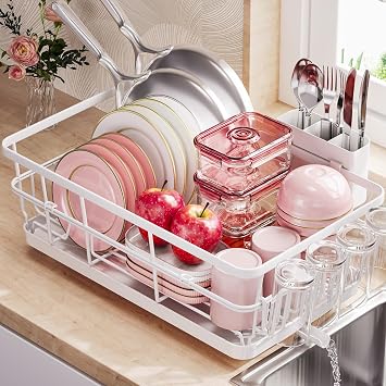 Urackify Dish Drying Rack for Kitchen Counter, Kitchen Dish Rack, Large Sink Dish Drainer Dryer Rack Small Space, Kitchen Dishes Strainer Drying Rack with Drain Board Cup Holder Cutlery Holder, White