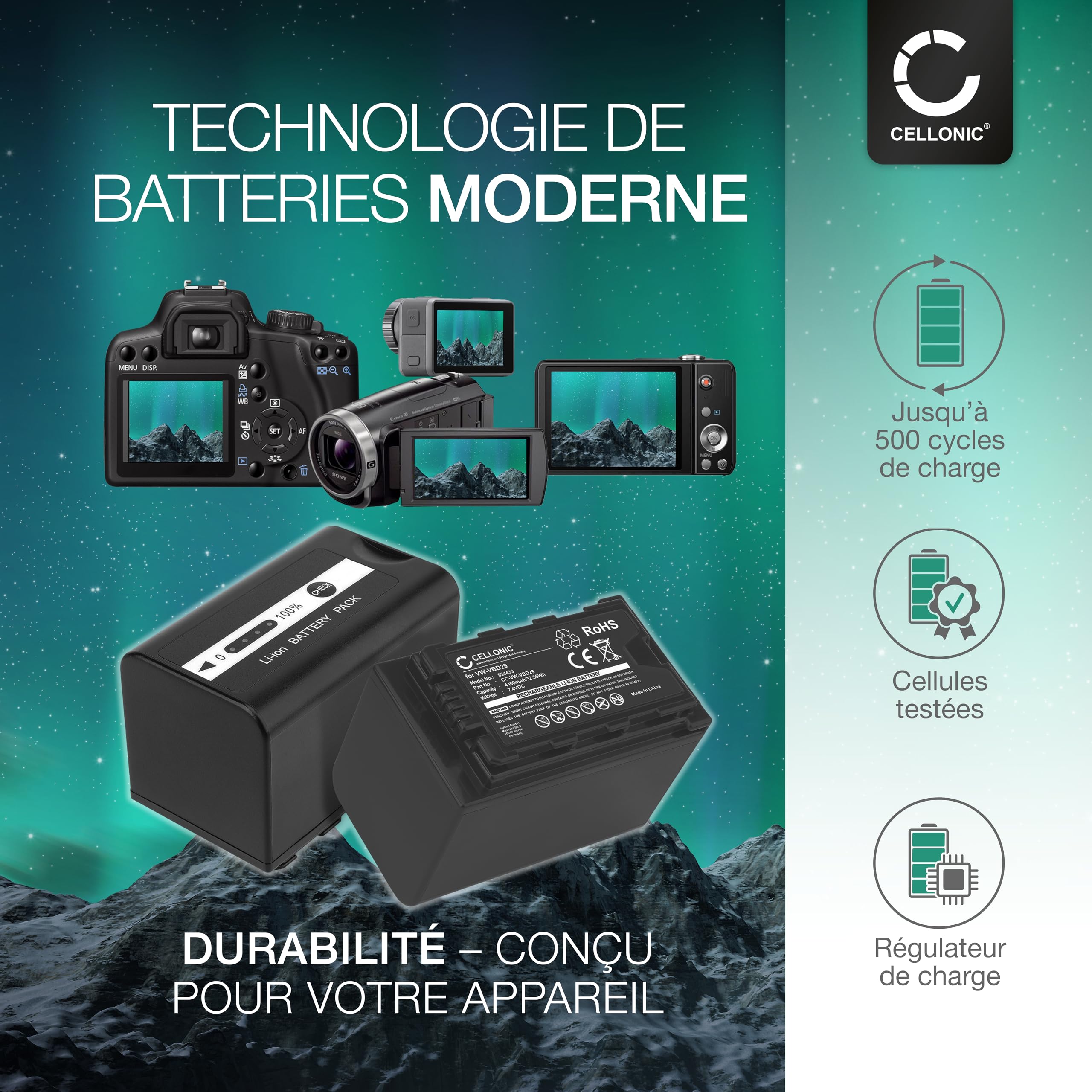CELLONIC 2X Batterie pour Appareil Photo Compatible avec Panasonic HC-X1000, HC-MDH3, AG-AC8, CGA-D54 - (4400mAh, 7.4V) + Chargeur