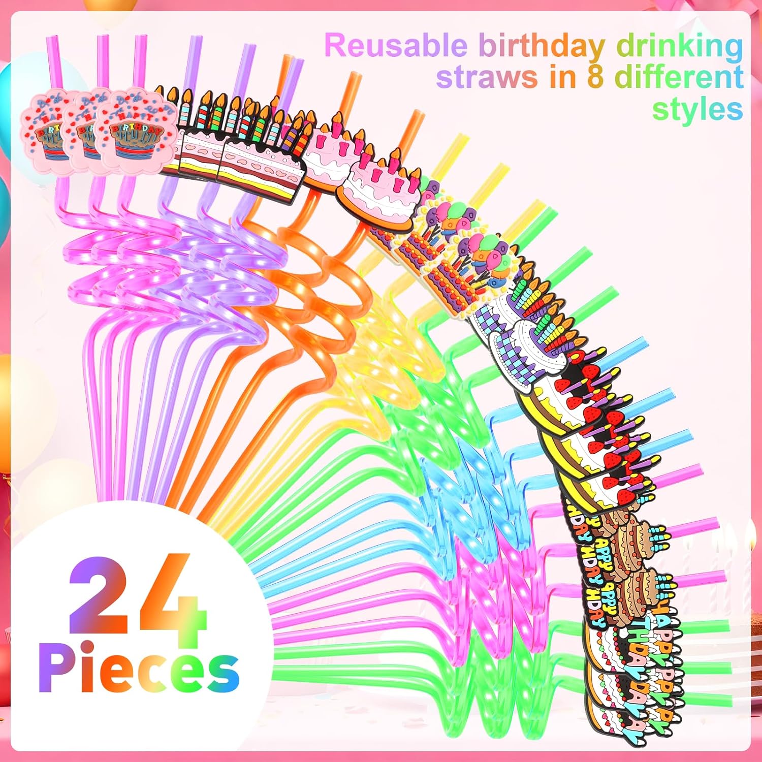 24 Pieces Reusable Birthday Plastic Straws for Birthday Party Supplies Birthday Party Decorations Glitter Cake Straw Drink Straw - Image 4