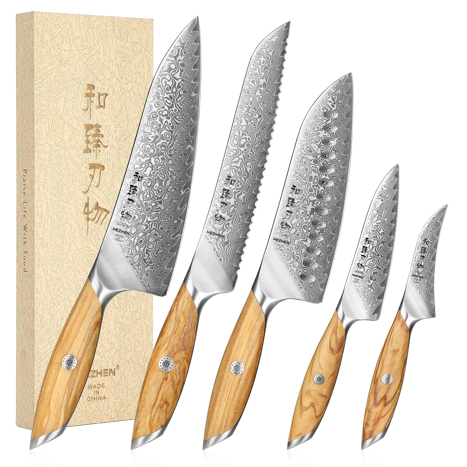 HEZHEN Zestaw noży kuchennych ze stali damasceńskiej 5 sztuk, profesjonalny zestaw noży szefa kuchni ze stali damasceńskiej, nóż Santoku, ergonomiczna rękojeść z drewna oliwnego