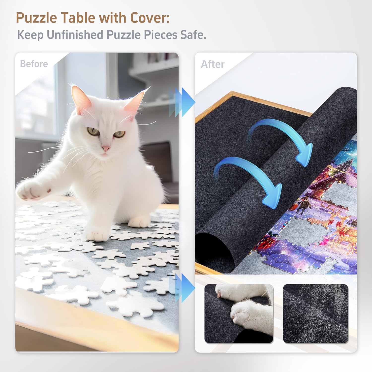 Image showing the five colored sorting drawers pulled out from the puzzle table, each containing sorted puzzle pieces.