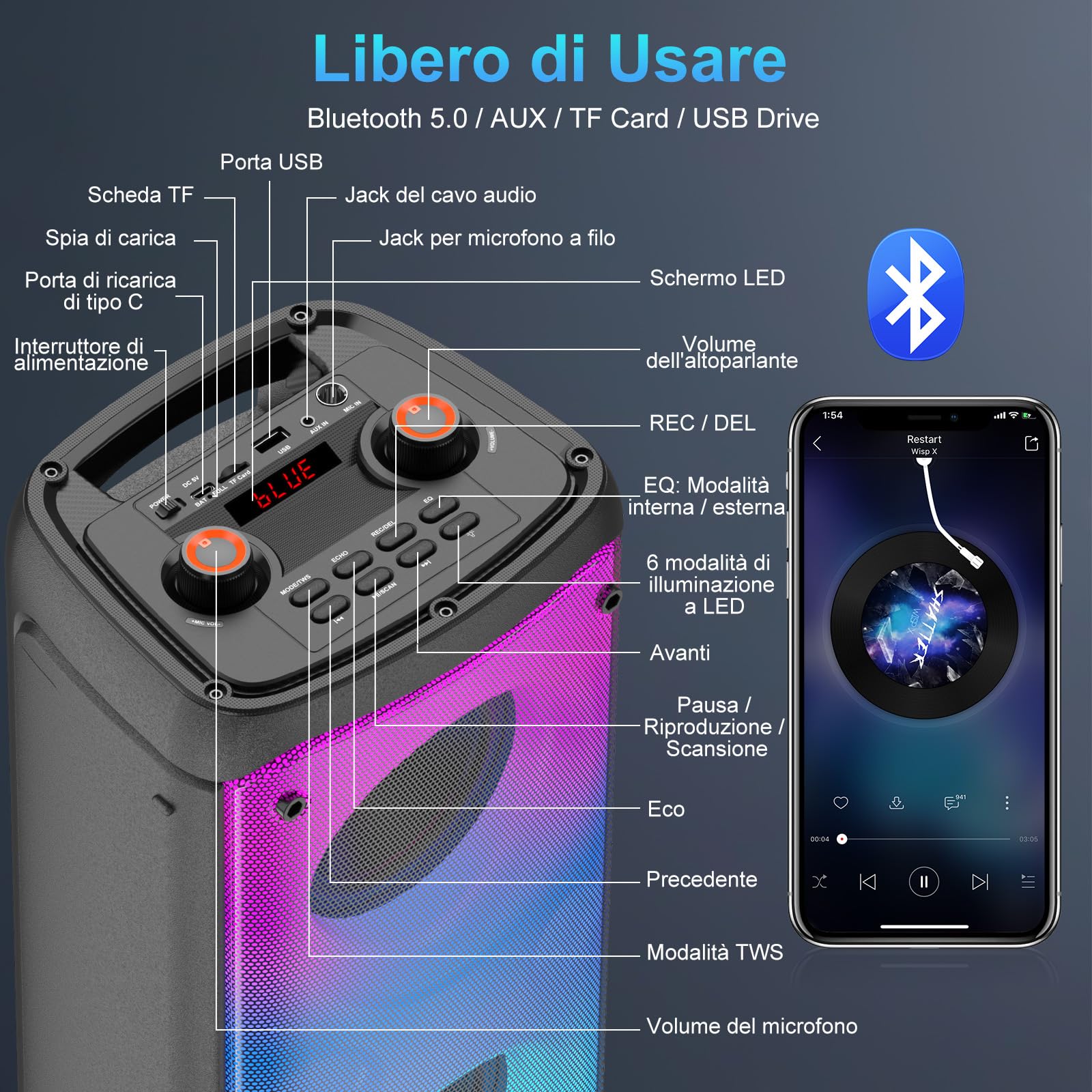 Altoparlante Bluetooth, 80 W, wireless, TWS, portatile, per feste all'aperto, con subwoofer, bassi profondi, luci colorate a LED, suono stereo forte per casa, campeggio