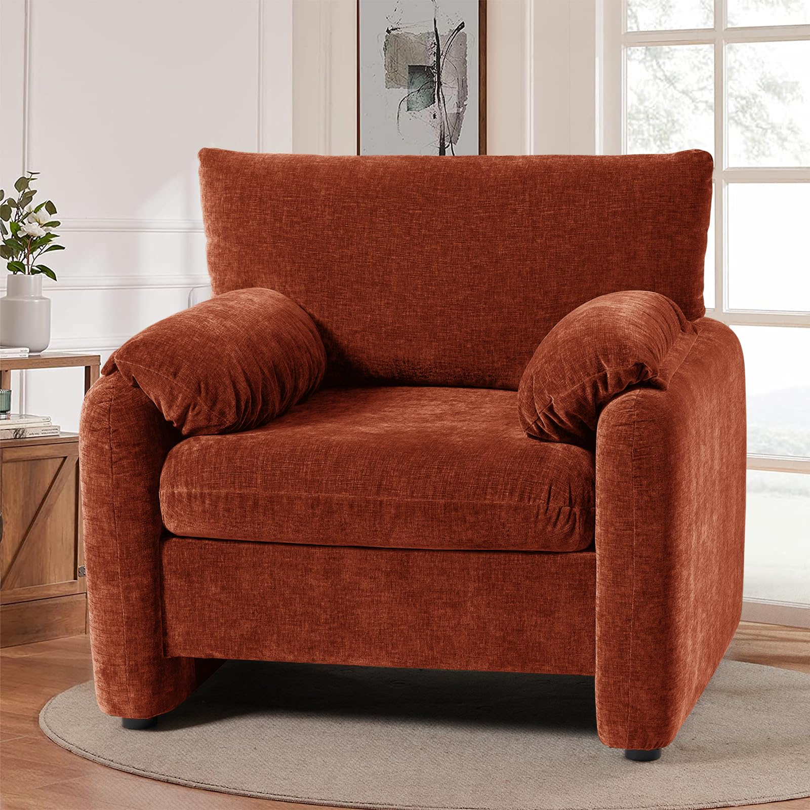 CDCASA Oversized Accent Chair, Chenille Mid Century Modern Armchair Set of 1, Comfy Extra Large Seat Reading Single Sofa Chairs for Bedroom Living Room, Terracotta