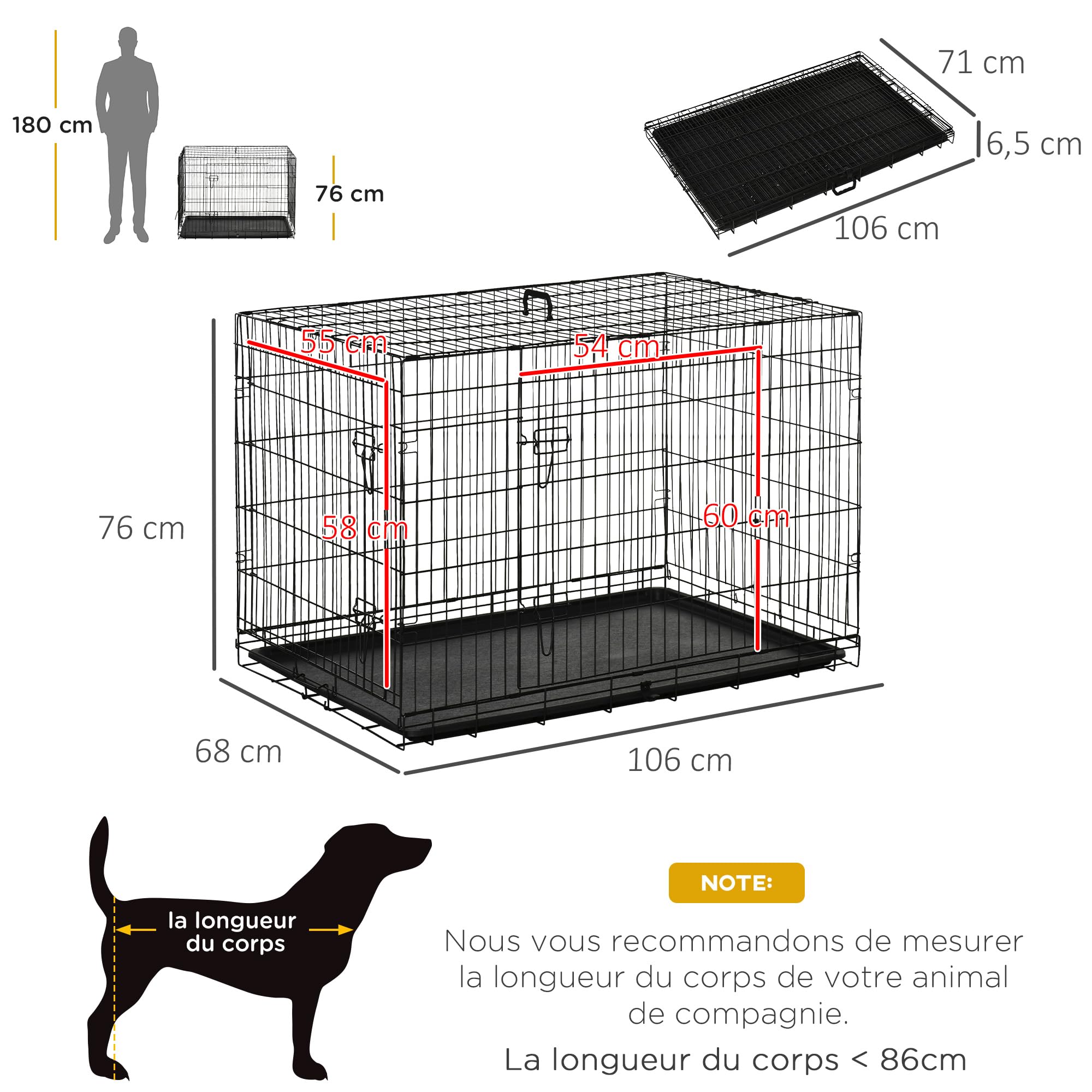 PawHut Cage pour Chien Pliable en Acier Métallique 2 Portes Verrouillables Plateau Amovible 106x68x76 cm Noir