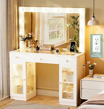 Glass Top Vanity Desk with Mirror and Lights, Crystal Knobs Makeup Vanity with 3 Drawers and Charging Station, Adjustable Lighting Color Dressing Table, Silent Slides, White with Bulbs