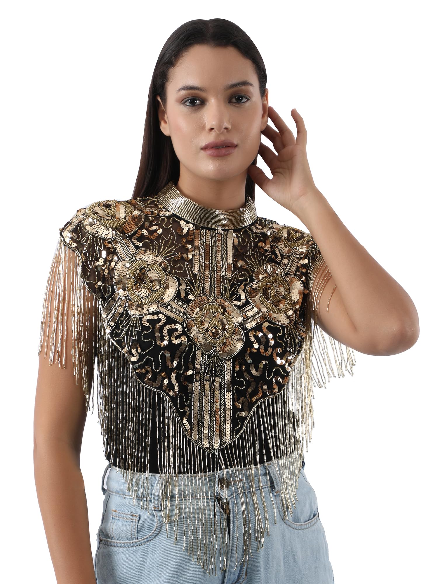 Women's Net Hand Beaded Short Cape Poncho, Designer Embroidery, Round Neck, Regular Fit-image-47