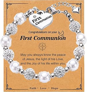 First Communion Gifts for Girls Women, White Bead Charm Bracelet Handmade Jewelry Baptism Confirmation First 1st Holy Communion Bracelet Gifts For Teenage Girls
