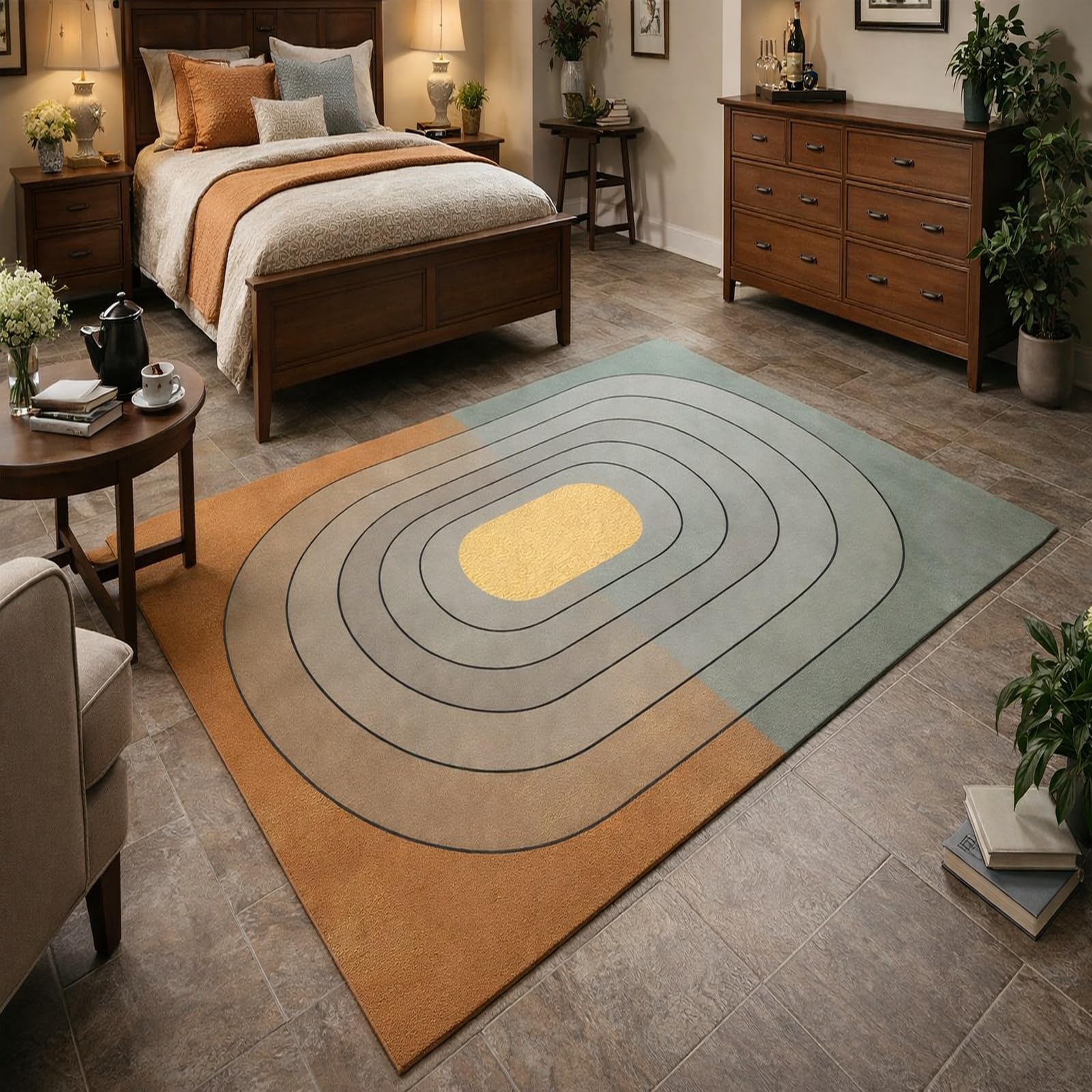 Alfombra lavable de 80x200 cm Rururug de pelo corto geométrica para pasillo y dormitorio color camello